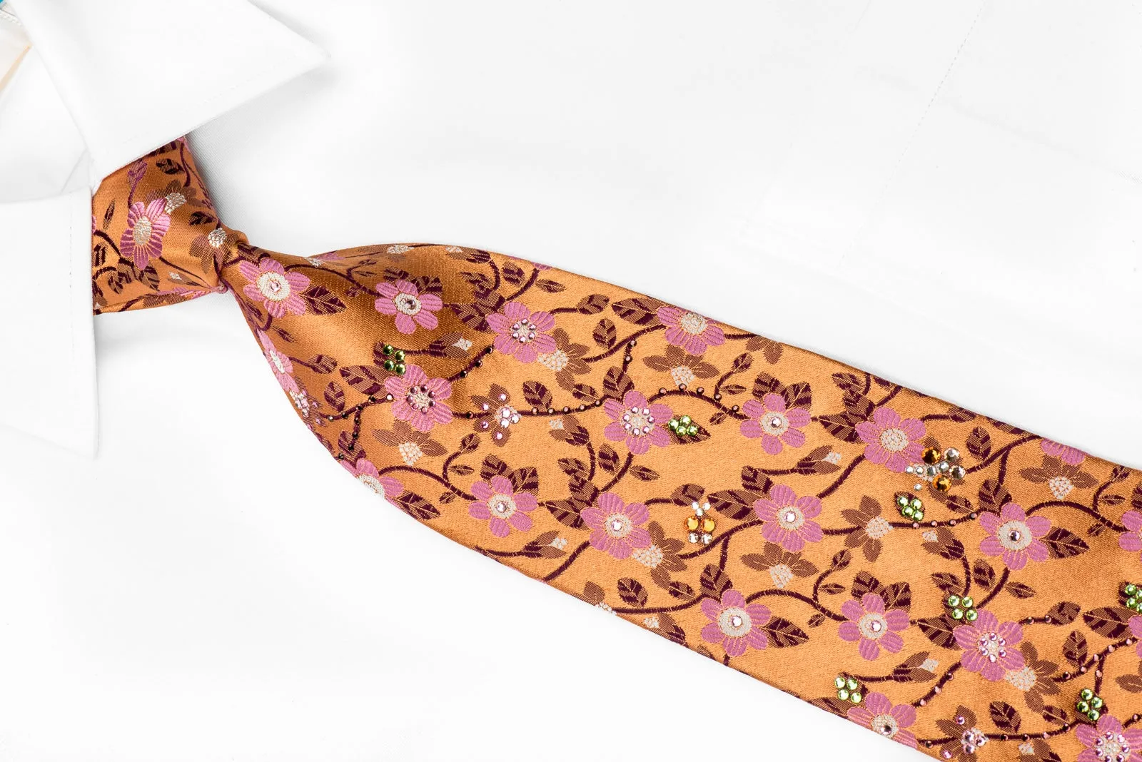 Mila Schon Men's Crystal Silk Necktie Pink Floral On Orange Sparkling With Rhinestones