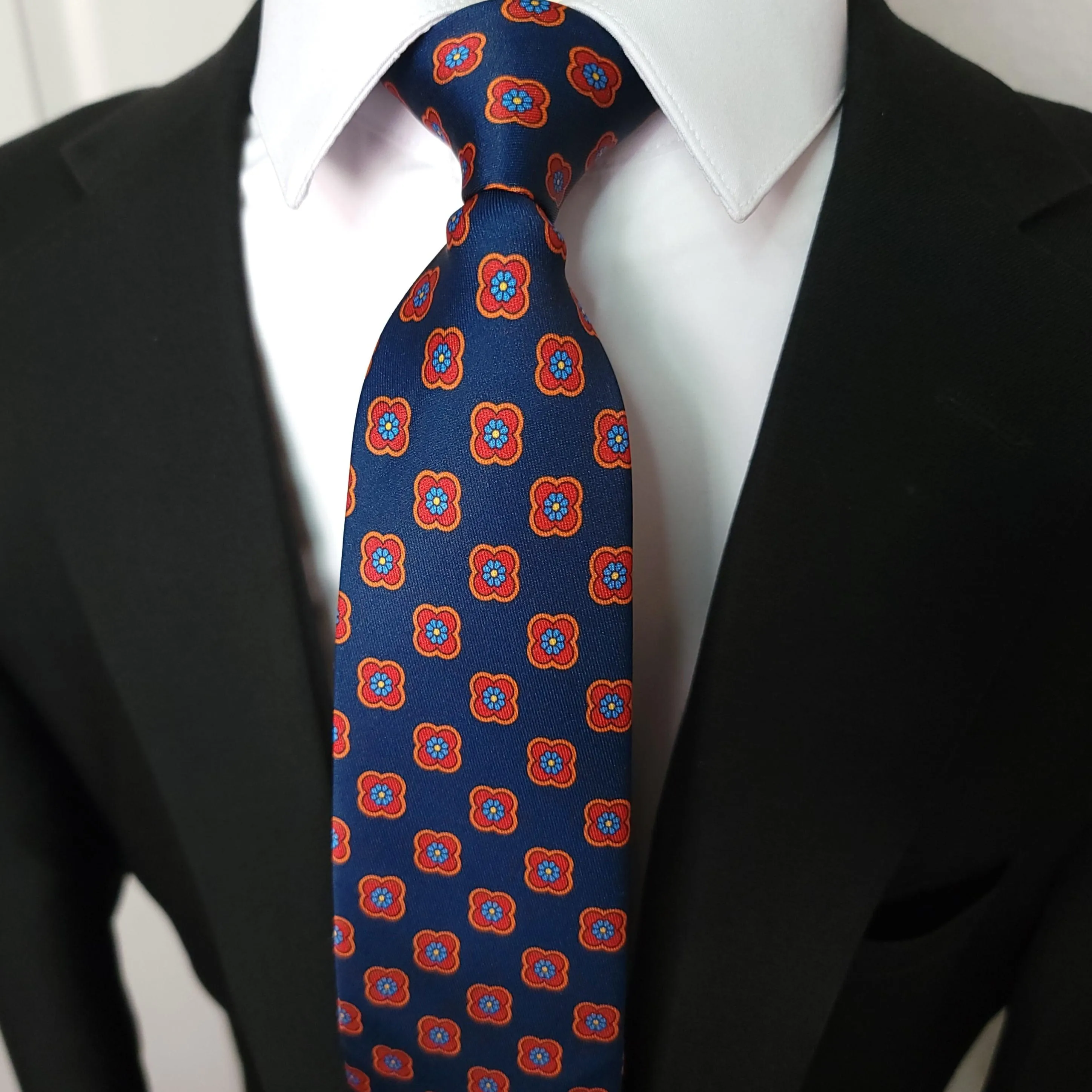 Navy Blue Red Floral Tie