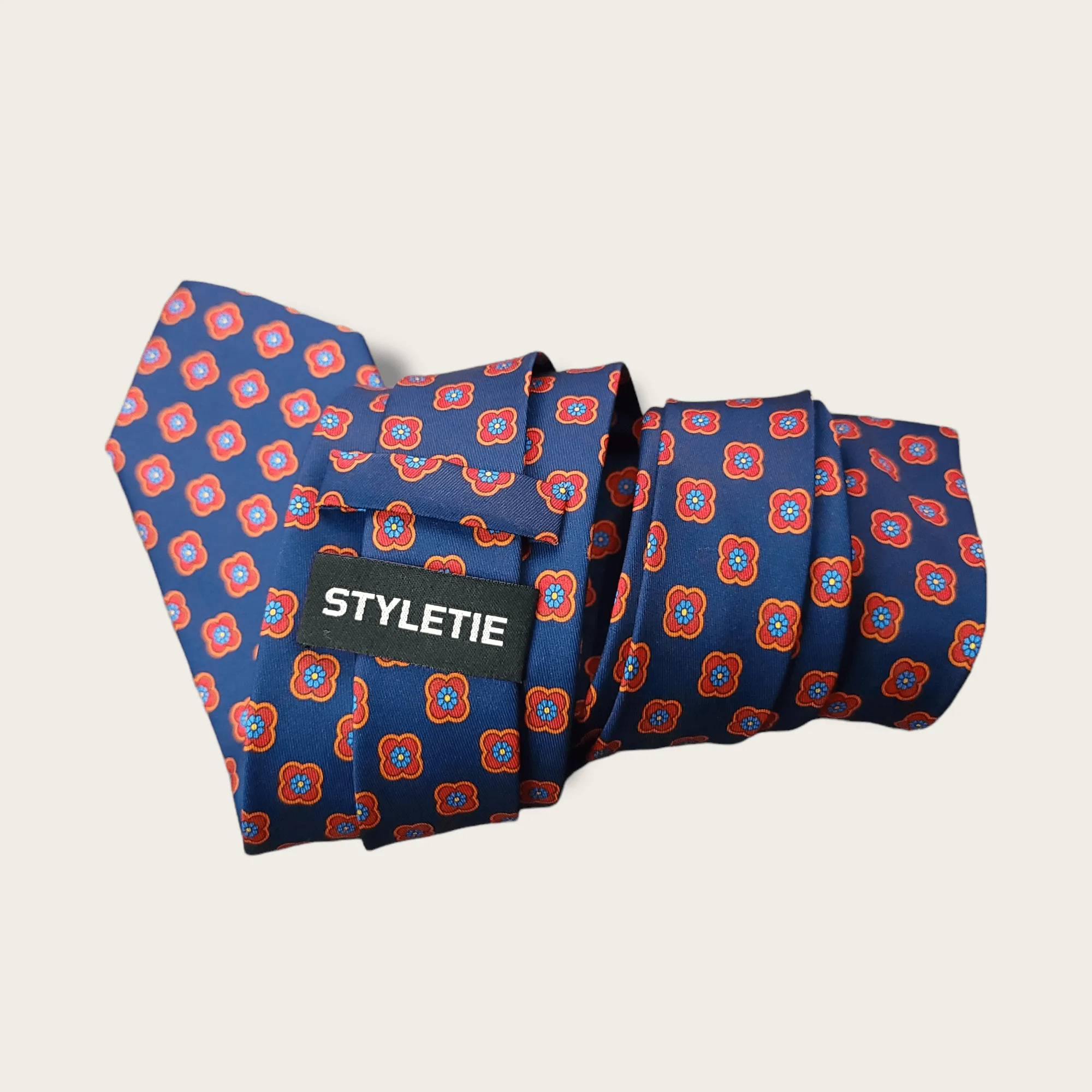 Navy Blue Red Floral Tie