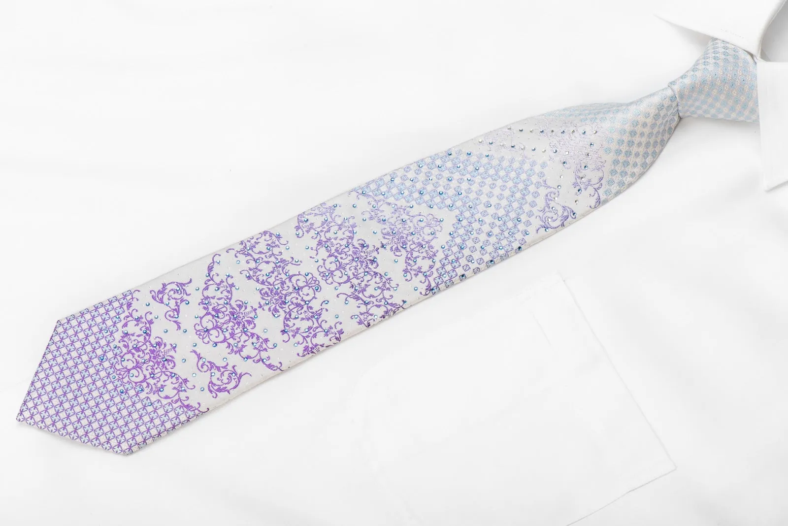 Nicole St Giles Men's Crystal Silk Necktie Purple Blue Damask On White With Silver Sparkles