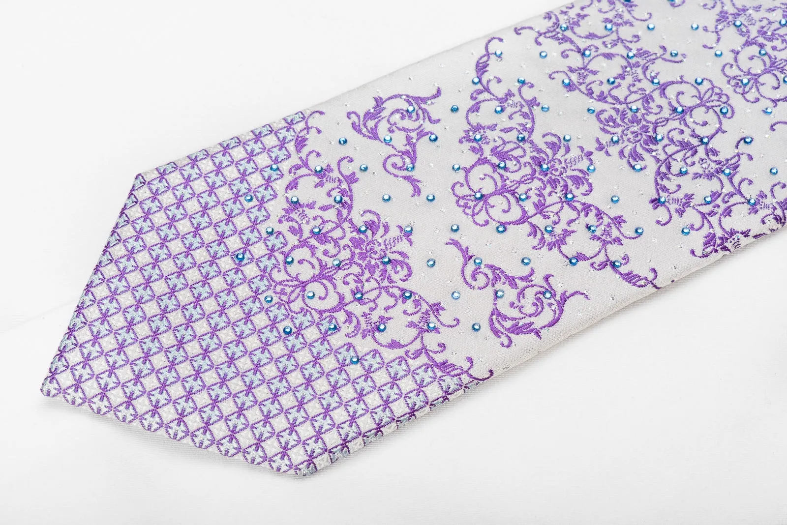 Nicole St Giles Men's Crystal Silk Necktie Purple Blue Damask On White With Silver Sparkles