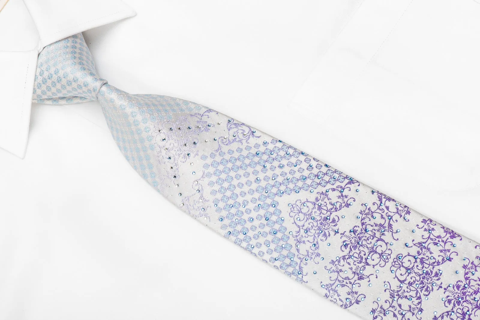 Nicole St Giles Men's Crystal Silk Necktie Purple Blue Damask On White With Silver Sparkles