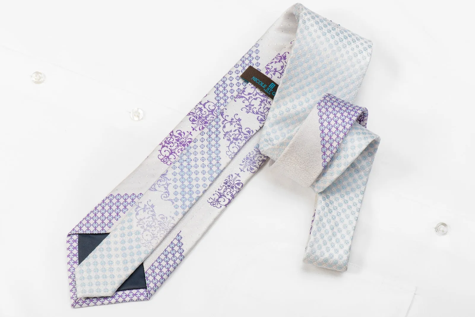Nicole St Giles Men's Crystal Silk Necktie Purple Blue Damask On White With Silver Sparkles