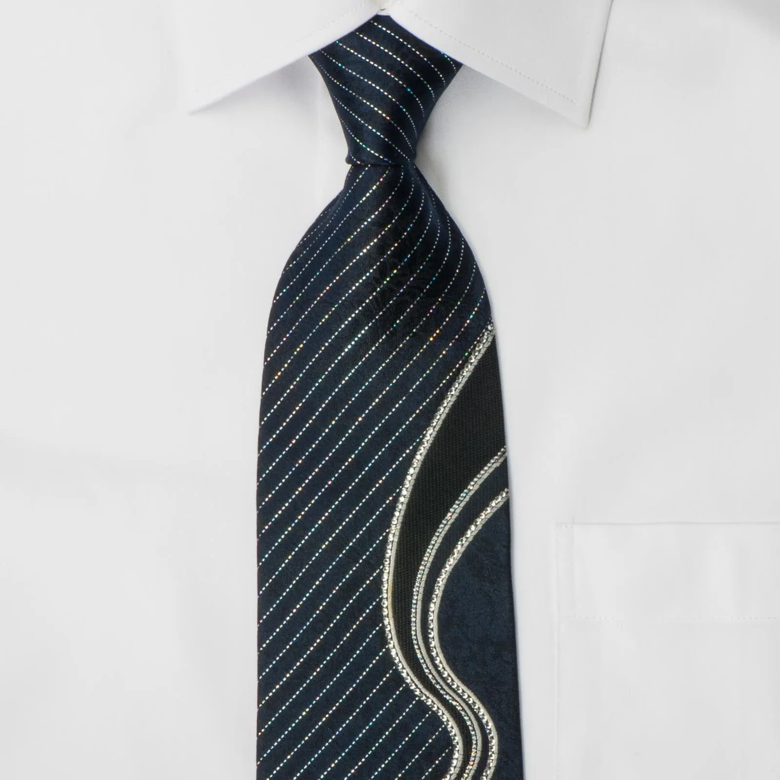 Nina Ricci Black Silk Rhinestone Necktie With Bling Silver Waves With Striped Silver Sparkles