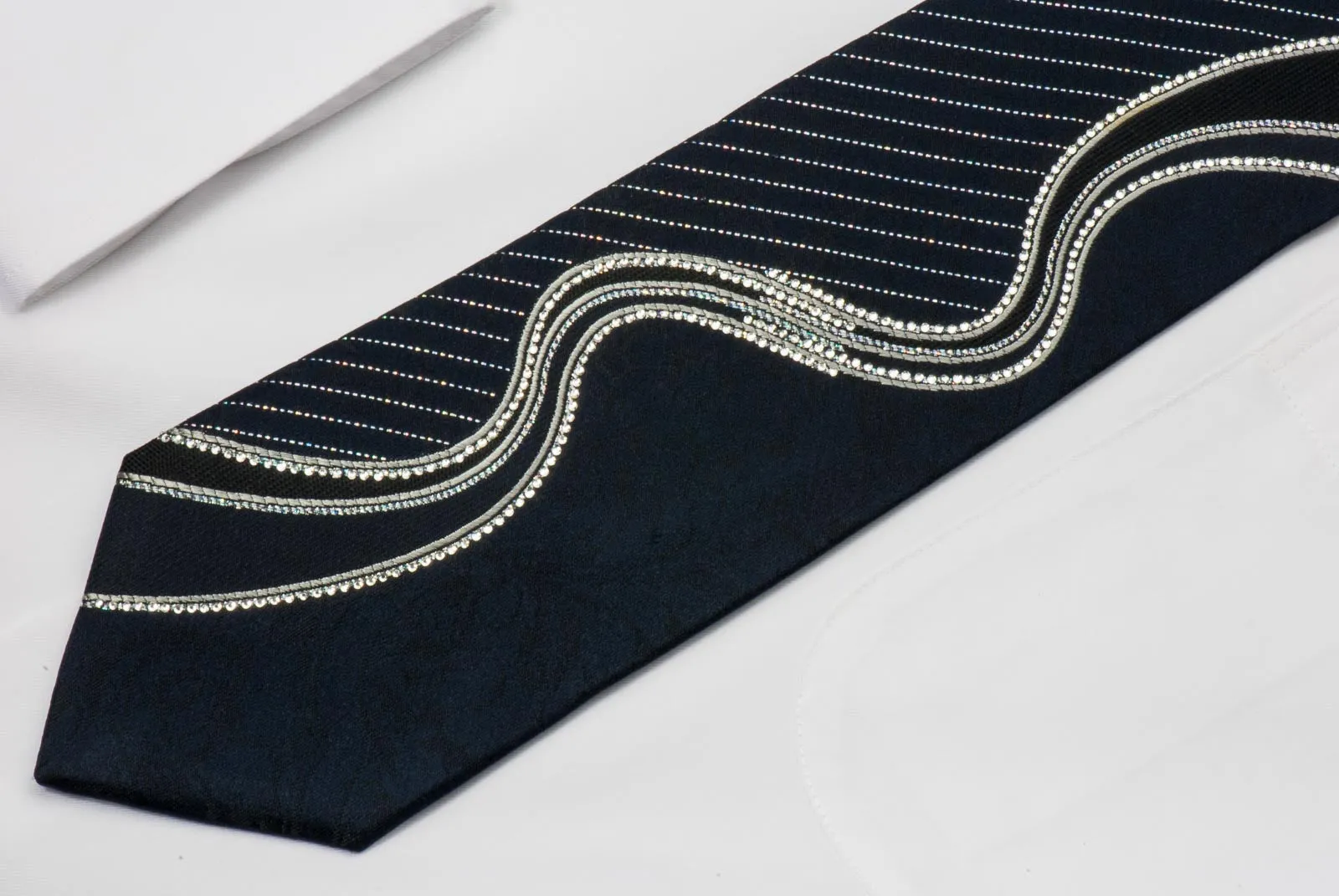 Nina Ricci Black Silk Rhinestone Necktie With Bling Silver Waves With Striped Silver Sparkles