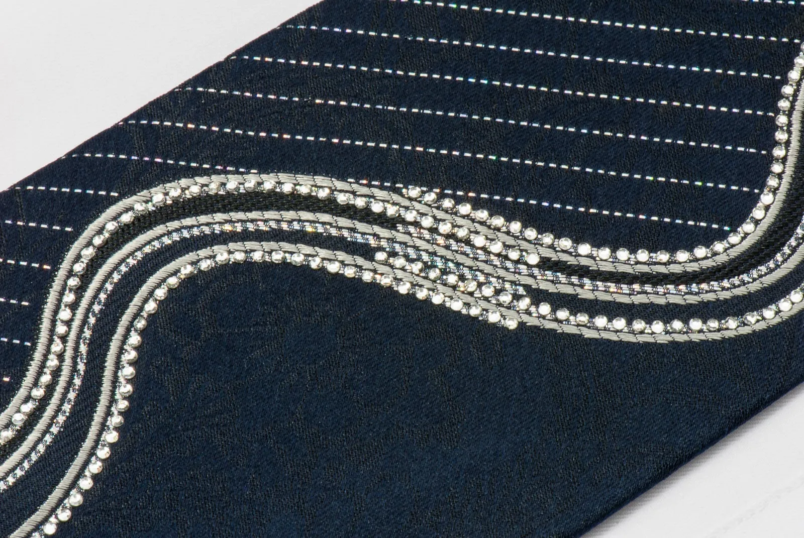 Nina Ricci Black Silk Rhinestone Necktie With Bling Silver Waves With Striped Silver Sparkles