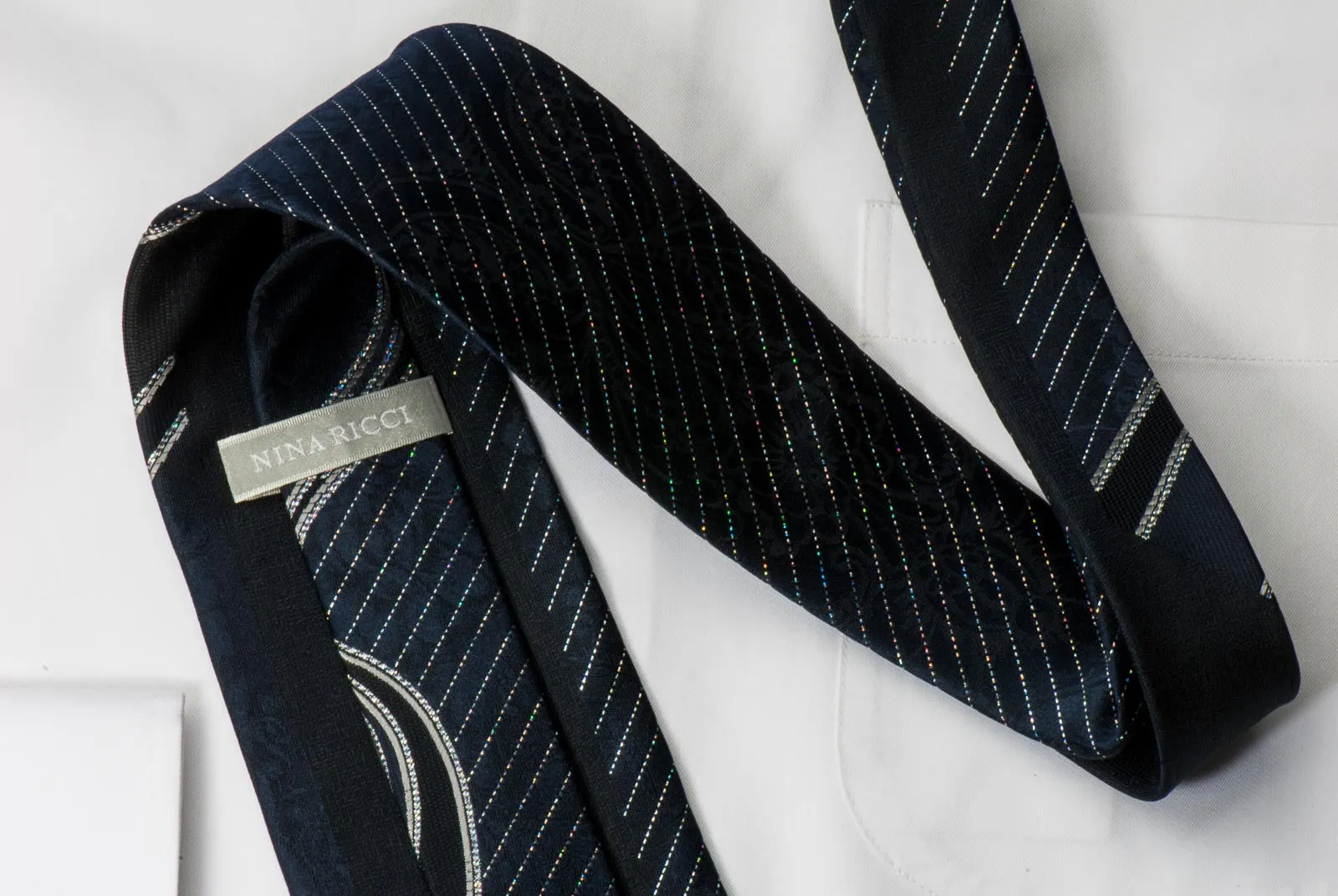 Nina Ricci Black Silk Rhinestone Necktie With Bling Silver Waves With Striped Silver Sparkles