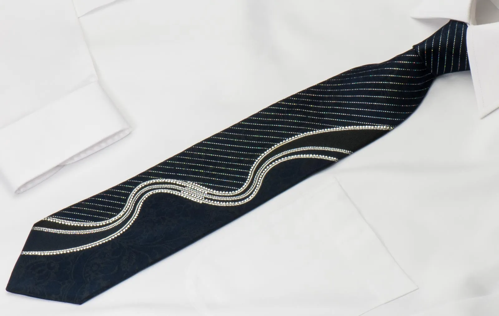Nina Ricci Black Silk Rhinestone Necktie With Bling Silver Waves With Striped Silver Sparkles