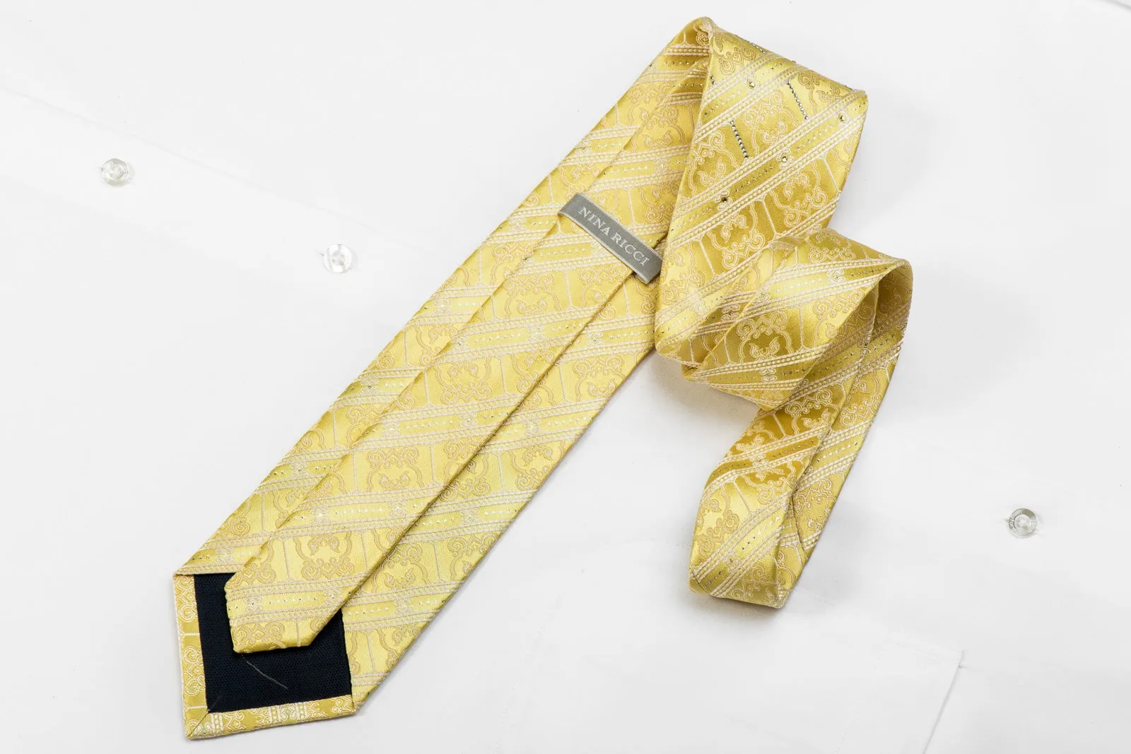 Nina Ricci Men's Crystal Silk Necktie White Stripes & Cartouche On Yellow With Silver Sparkles