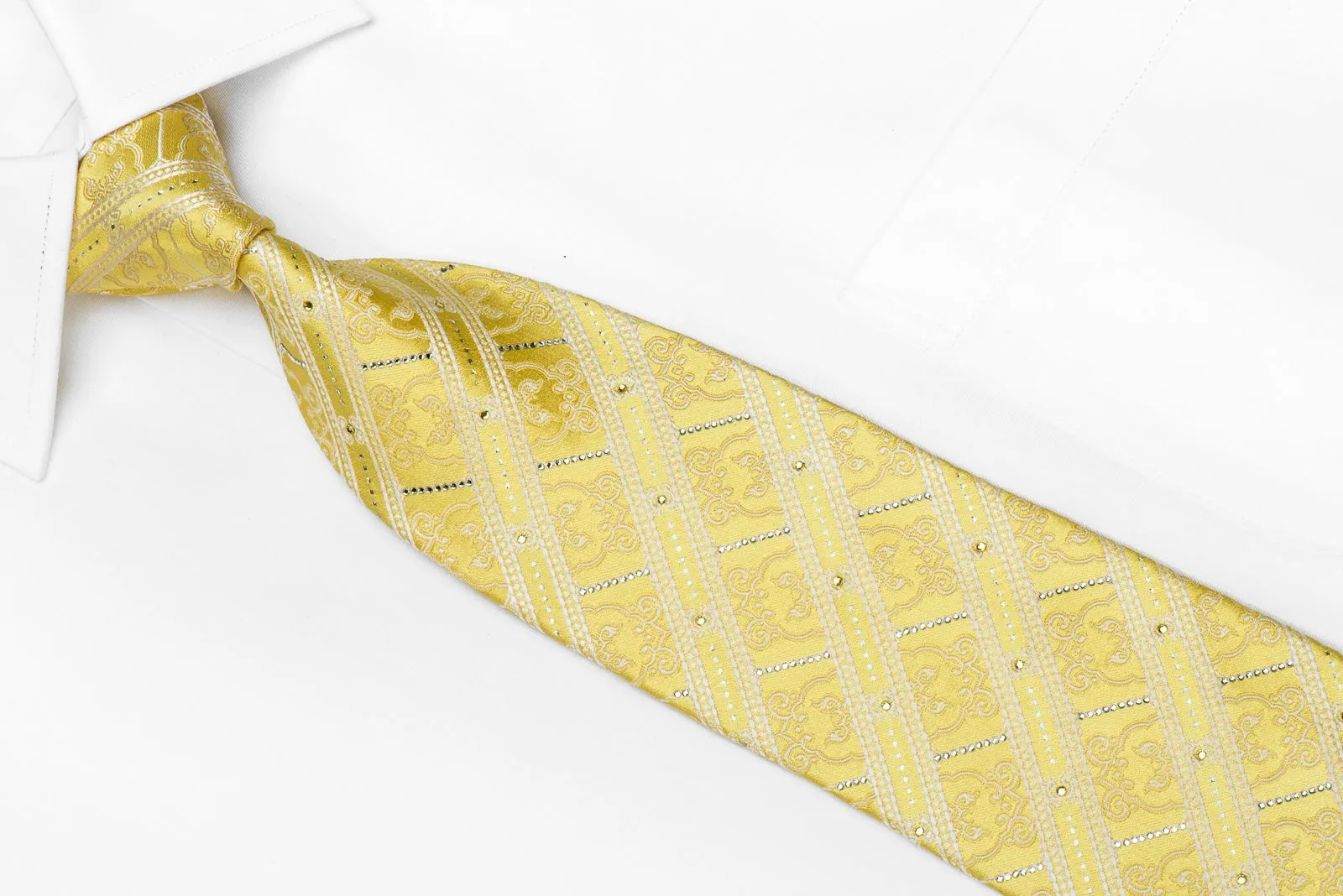 Nina Ricci Men's Crystal Silk Necktie White Stripes & Cartouche On Yellow With Silver Sparkles
