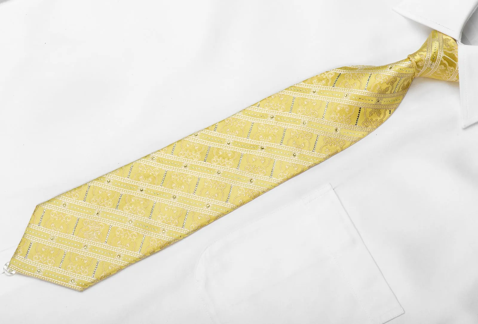 Nina Ricci Men's Crystal Silk Necktie White Stripes & Cartouche On Yellow With Silver Sparkles