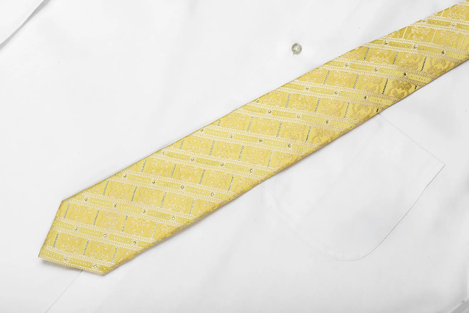 Nina Ricci Men's Crystal Silk Necktie White Stripes & Cartouche On Yellow With Silver Sparkles