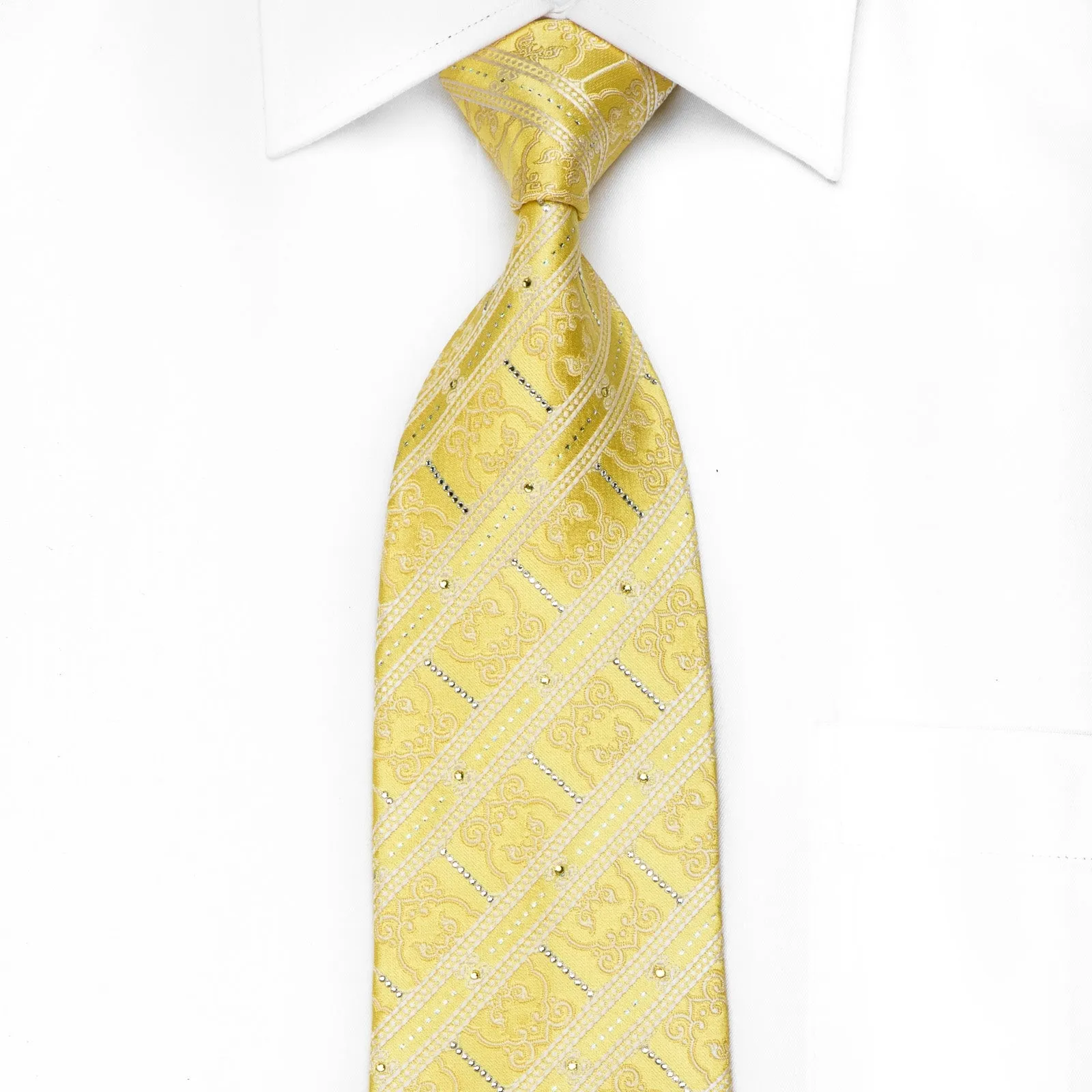 Nina Ricci Men's Crystal Silk Necktie White Stripes & Cartouche On Yellow With Silver Sparkles