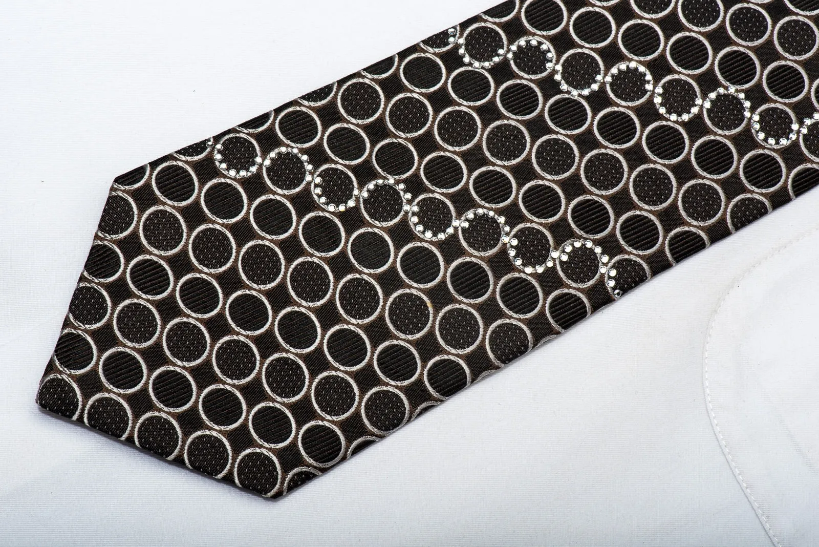 Nina Ricci Men's Silk Tie Silver Circles On Black Sparkling With Rhinestones