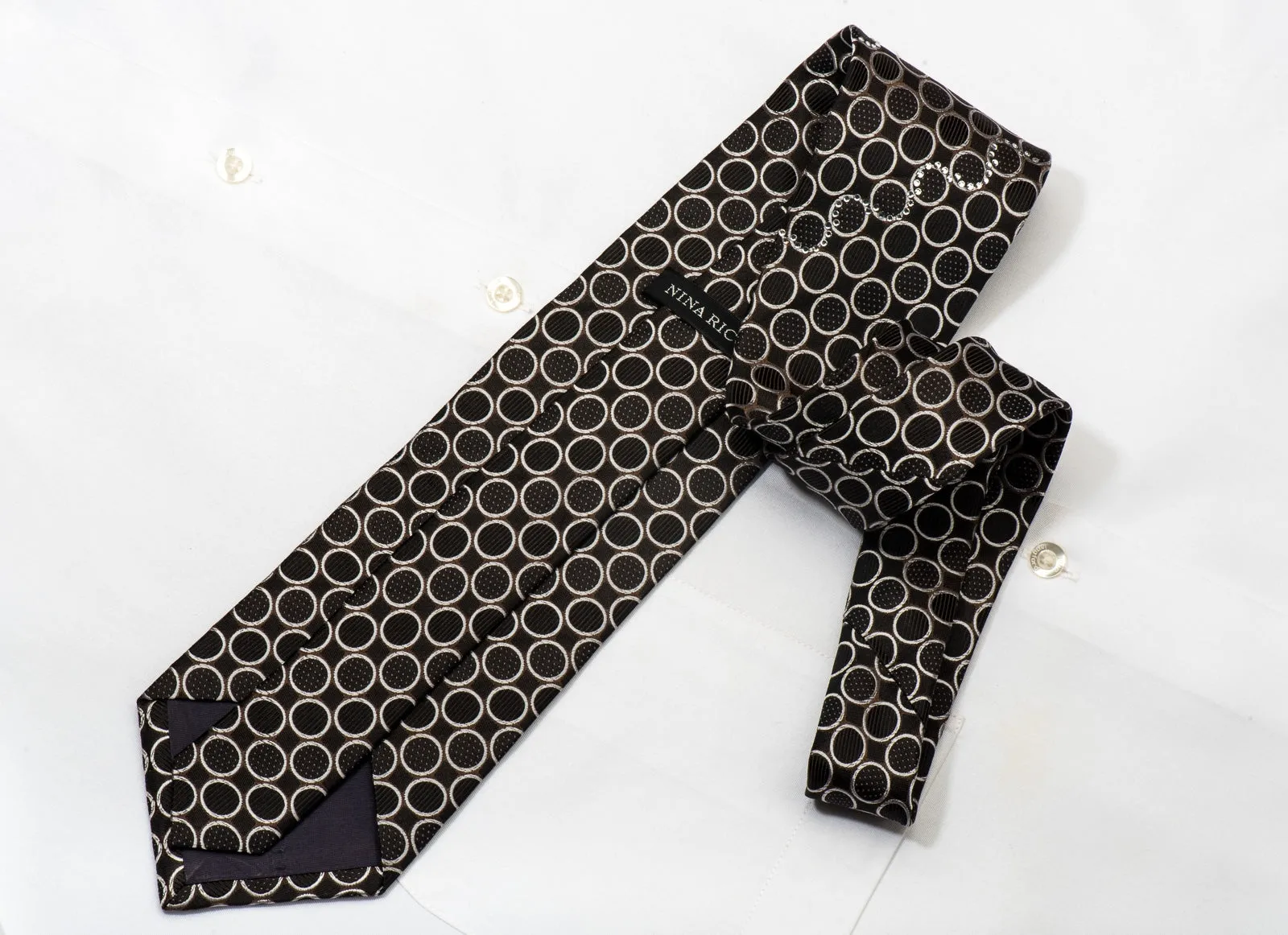Nina Ricci Men's Silk Tie Silver Circles On Black Sparkling With Rhinestones