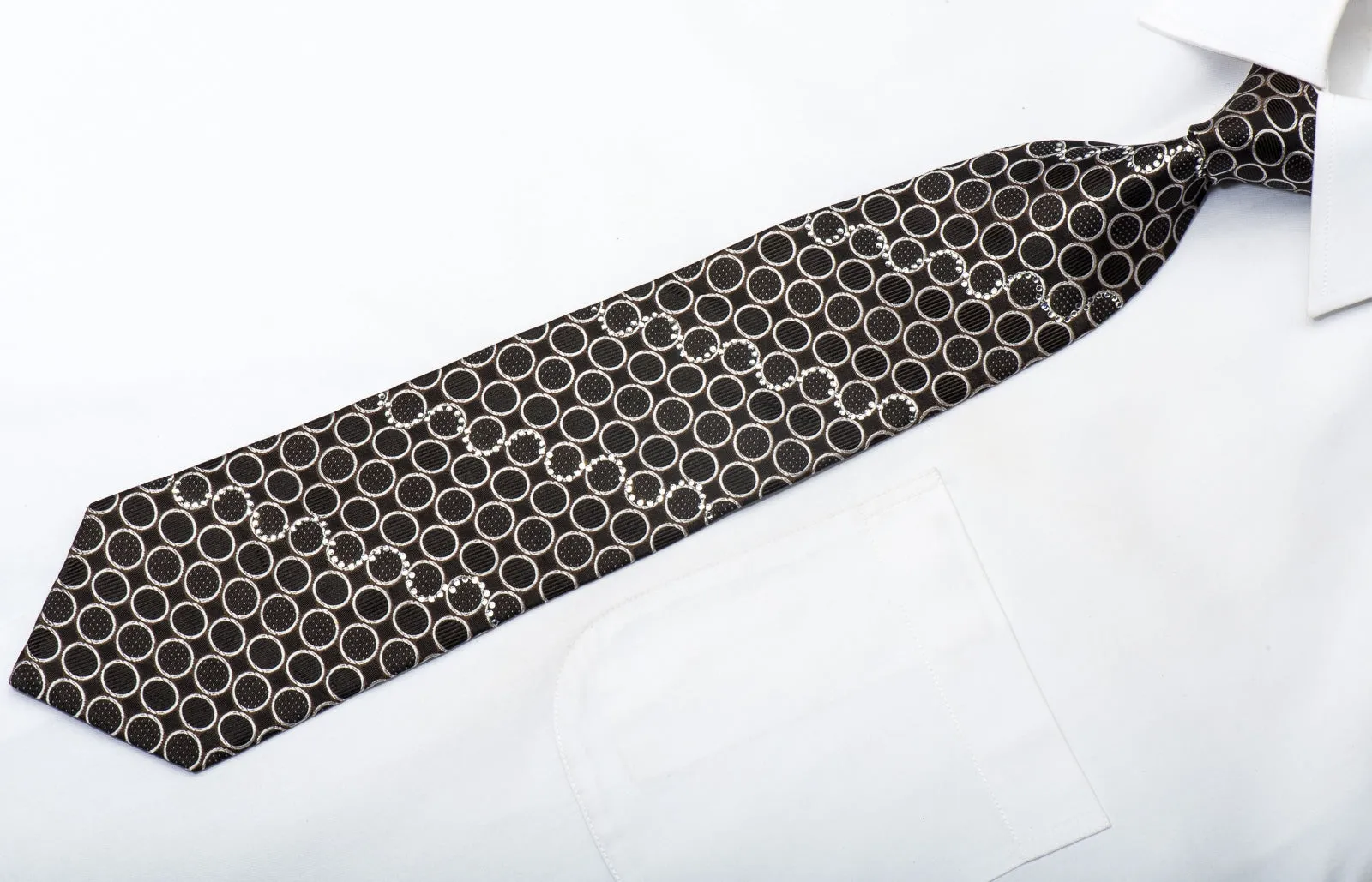 Nina Ricci Men's Silk Tie Silver Circles On Black Sparkling With Rhinestones