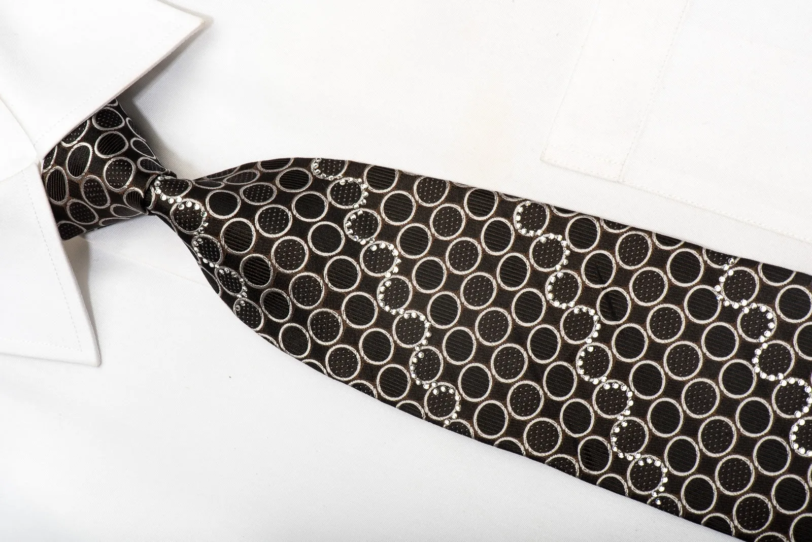 Nina Ricci Men's Silk Tie Silver Circles On Black Sparkling With Rhinestones
