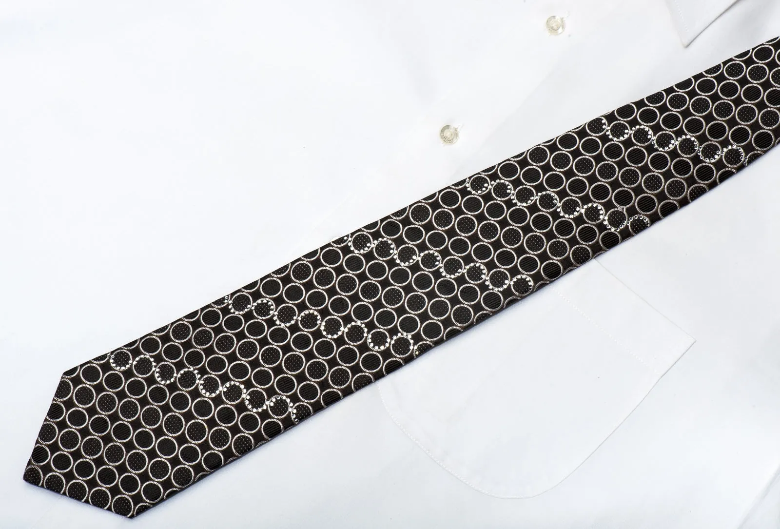 Nina Ricci Men's Silk Tie Silver Circles On Black Sparkling With Rhinestones