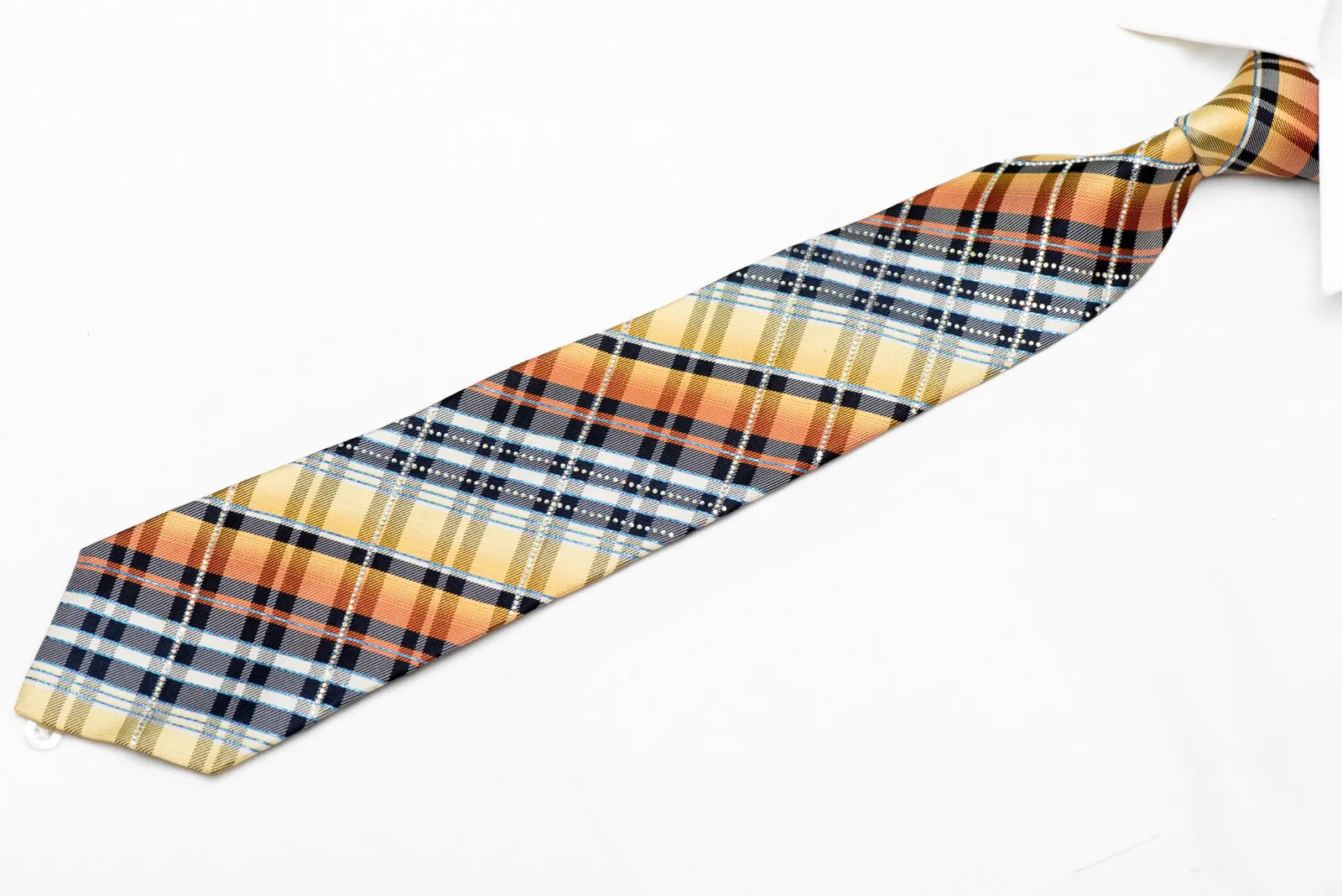 Orange Blue Plaid Rhinestone Silk Necktie With Blue Sparkles