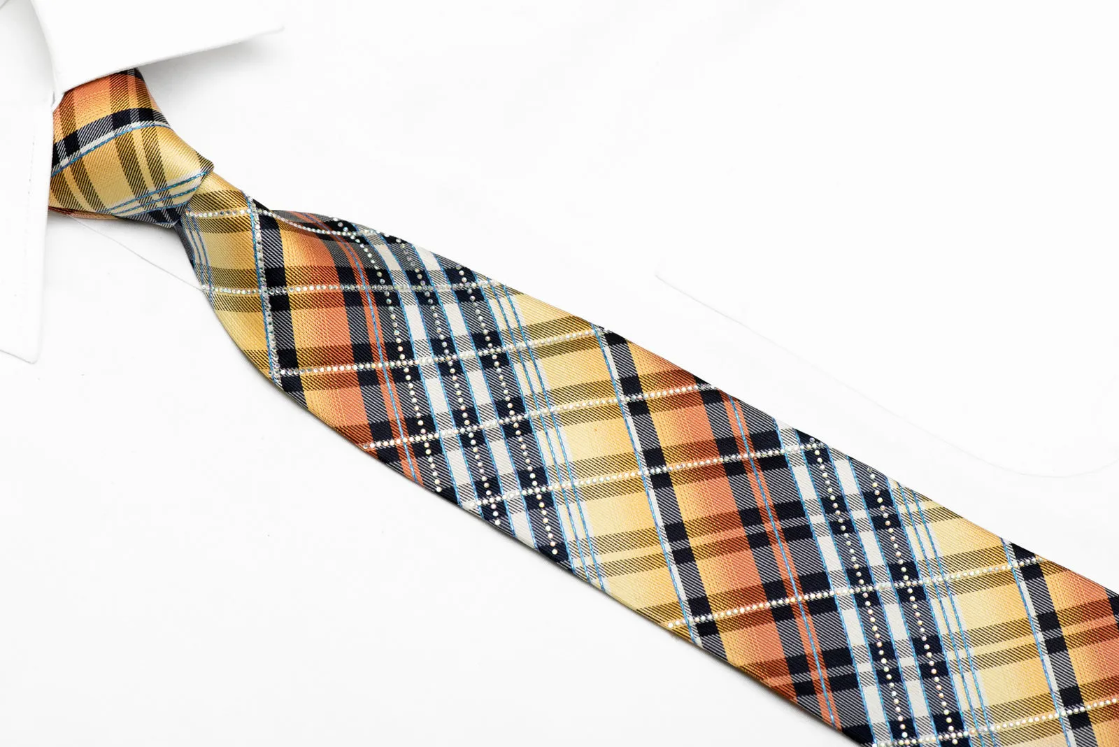 Orange Blue Plaid Rhinestone Silk Necktie With Blue Sparkles