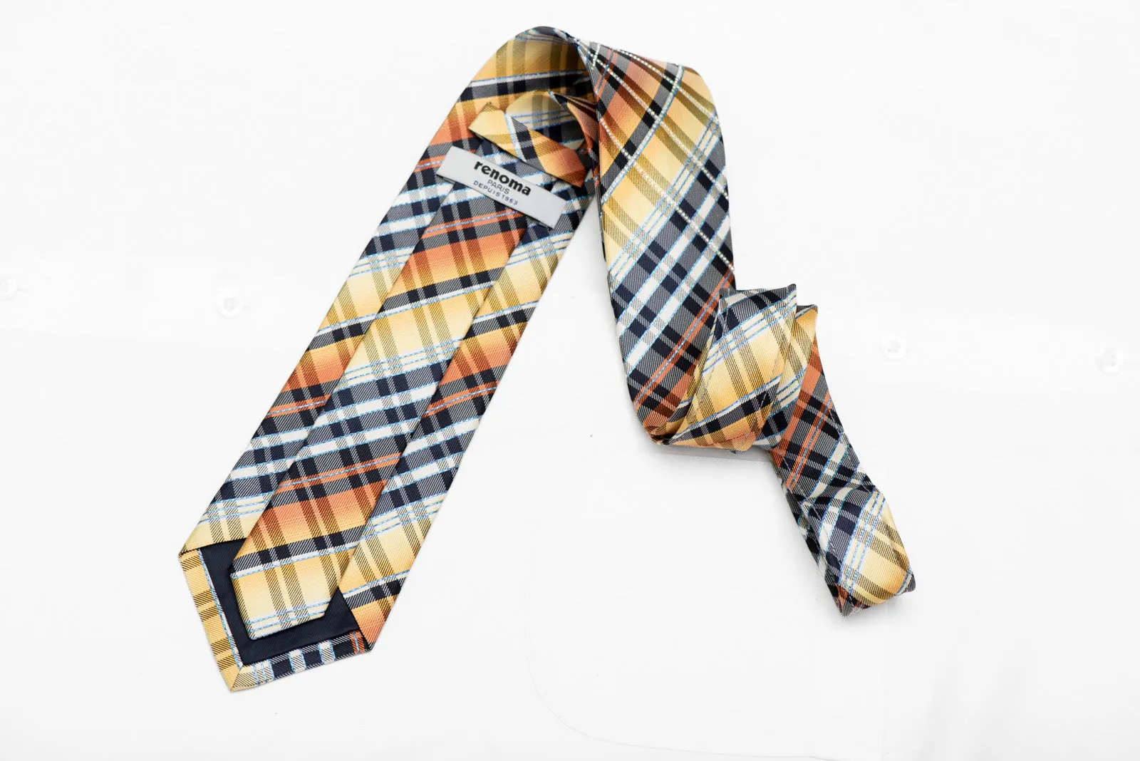 Orange Blue Plaid Rhinestone Silk Necktie With Blue Sparkles