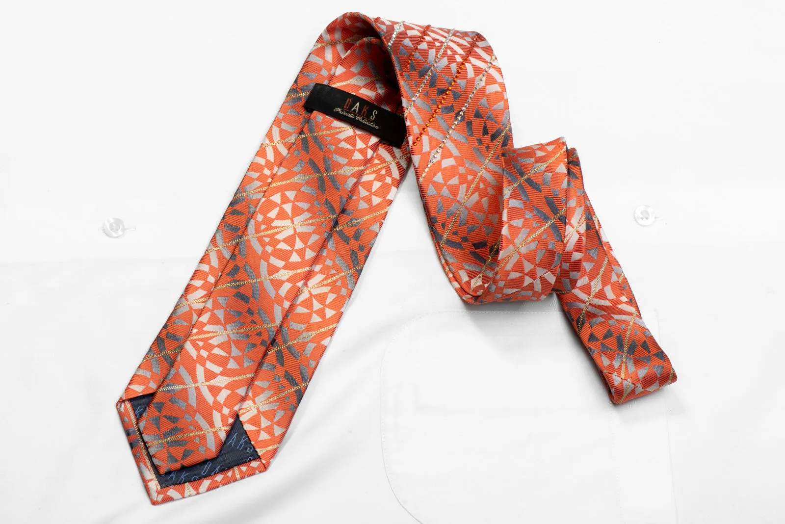 Orange Geometric On Silver Rhinestone Necktie With Silver Sparkles