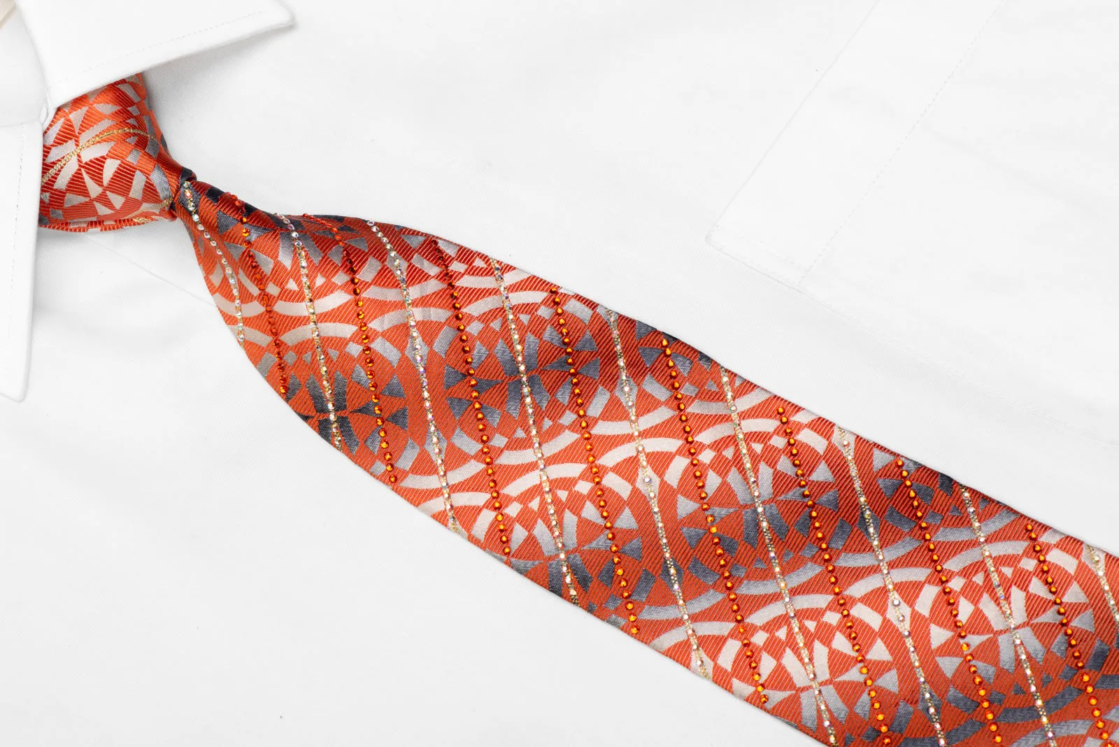 Orange Geometric On Silver Rhinestone Necktie With Silver Sparkles