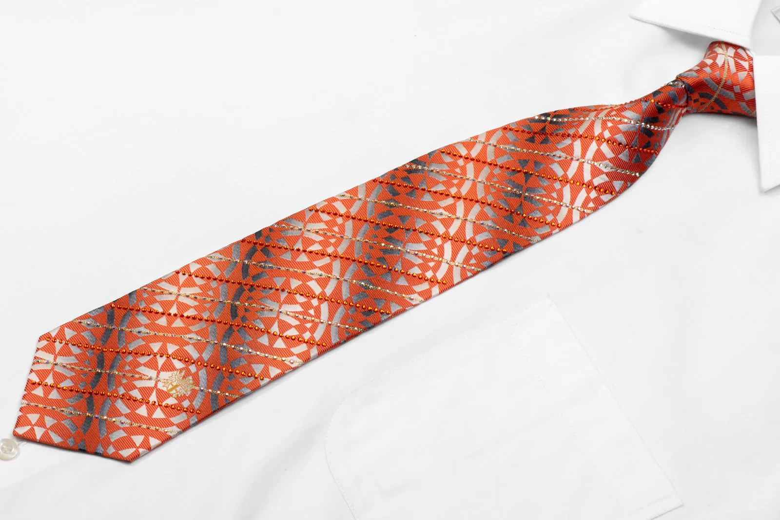 Orange Geometric On Silver Rhinestone Necktie With Silver Sparkles