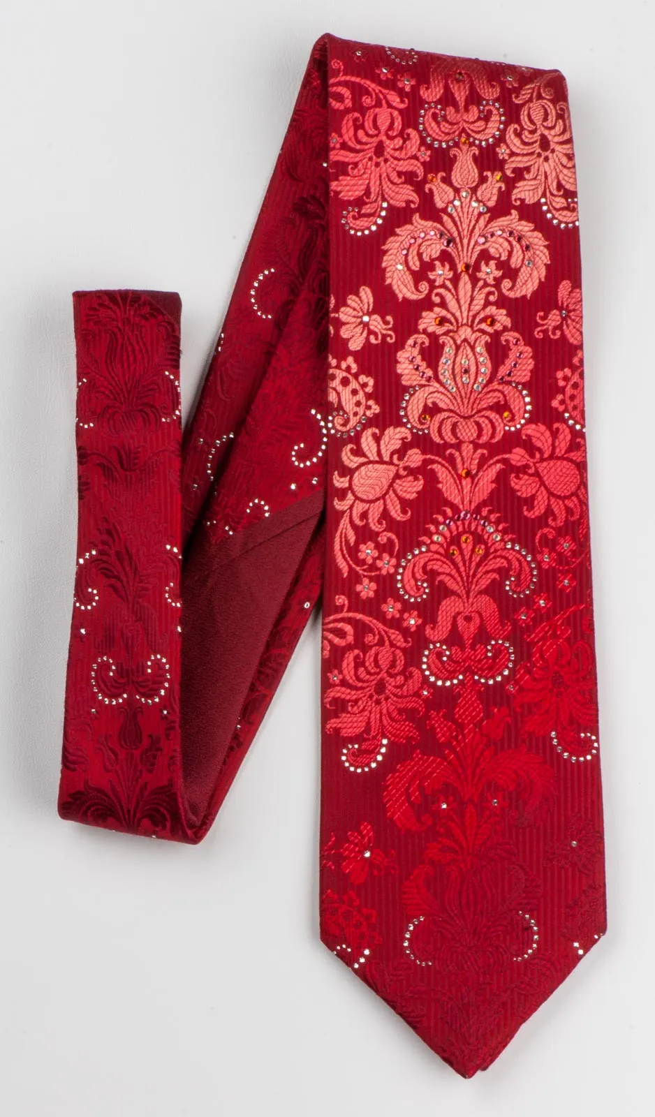 Paco Rabanne Men's Silk Neck Tie Damask On Red With Rhinestones & Sparkles