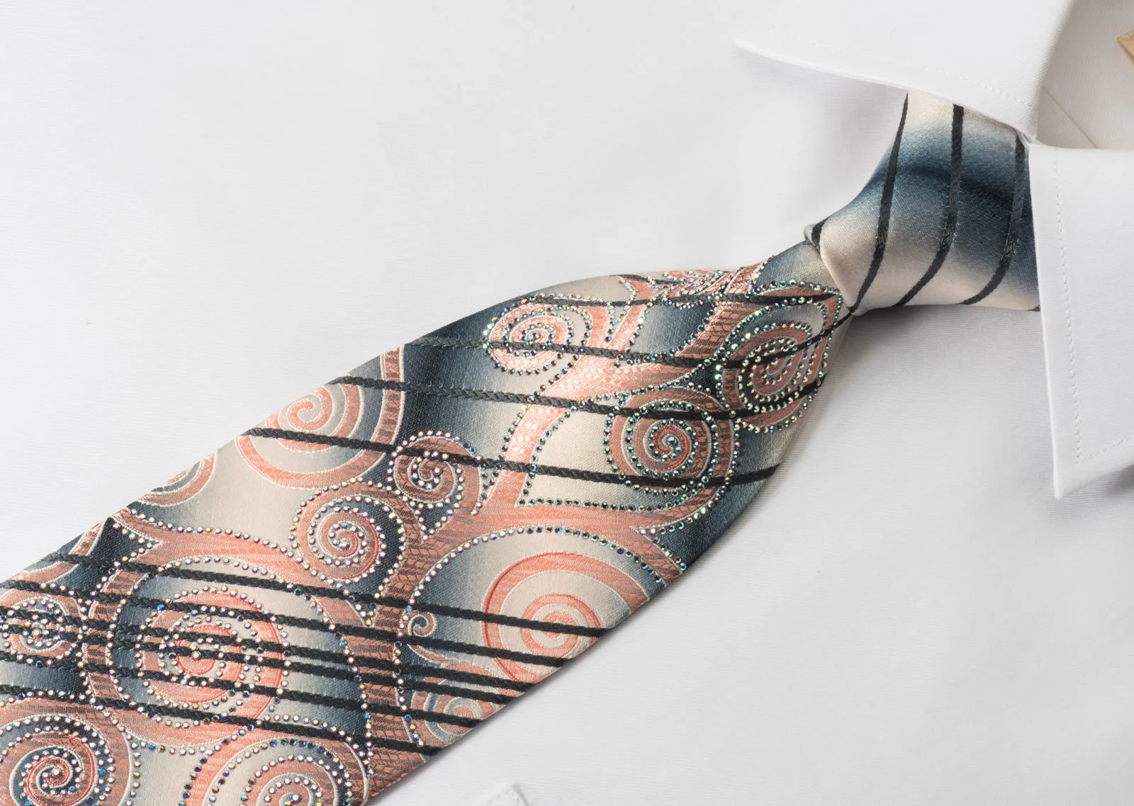 Paco Rabanne Mens Silk Rhinestone Necktie Pink Scrolls On Gray