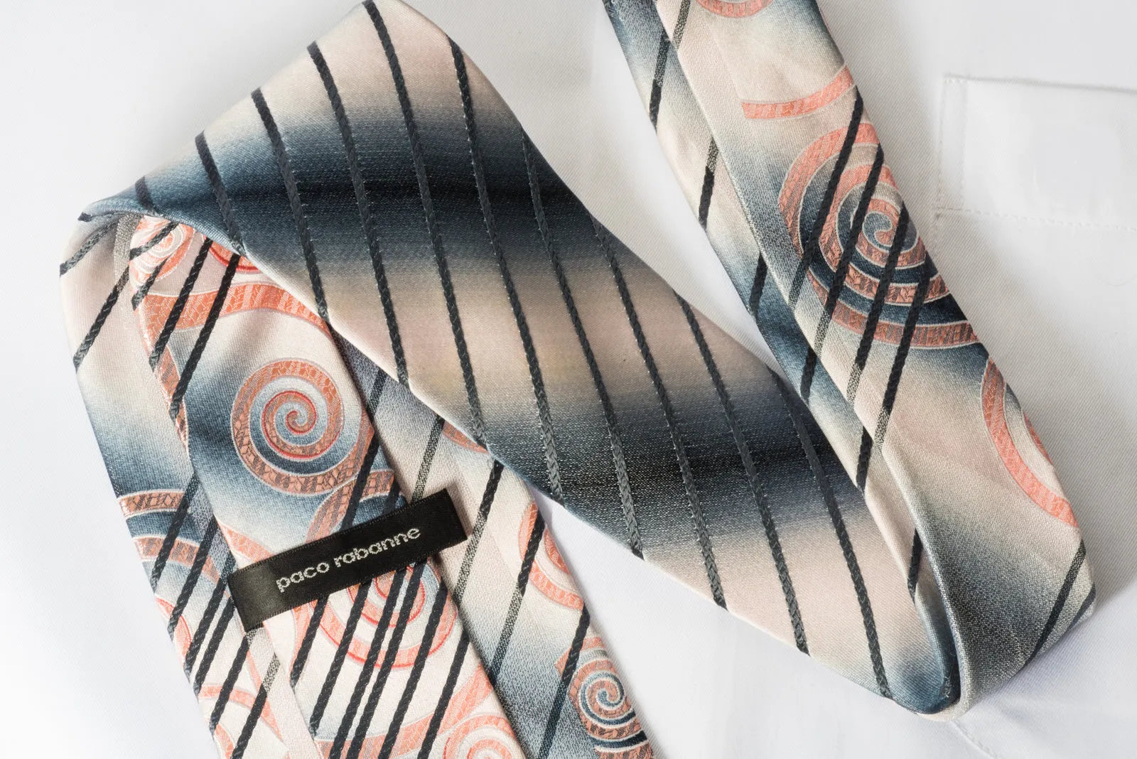 Paco Rabanne Mens Silk Rhinestone Necktie Pink Scrolls On Gray