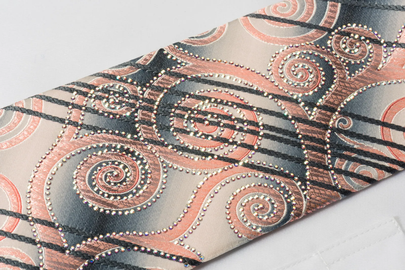 Paco Rabanne Mens Silk Rhinestone Necktie Pink Scrolls On Gray