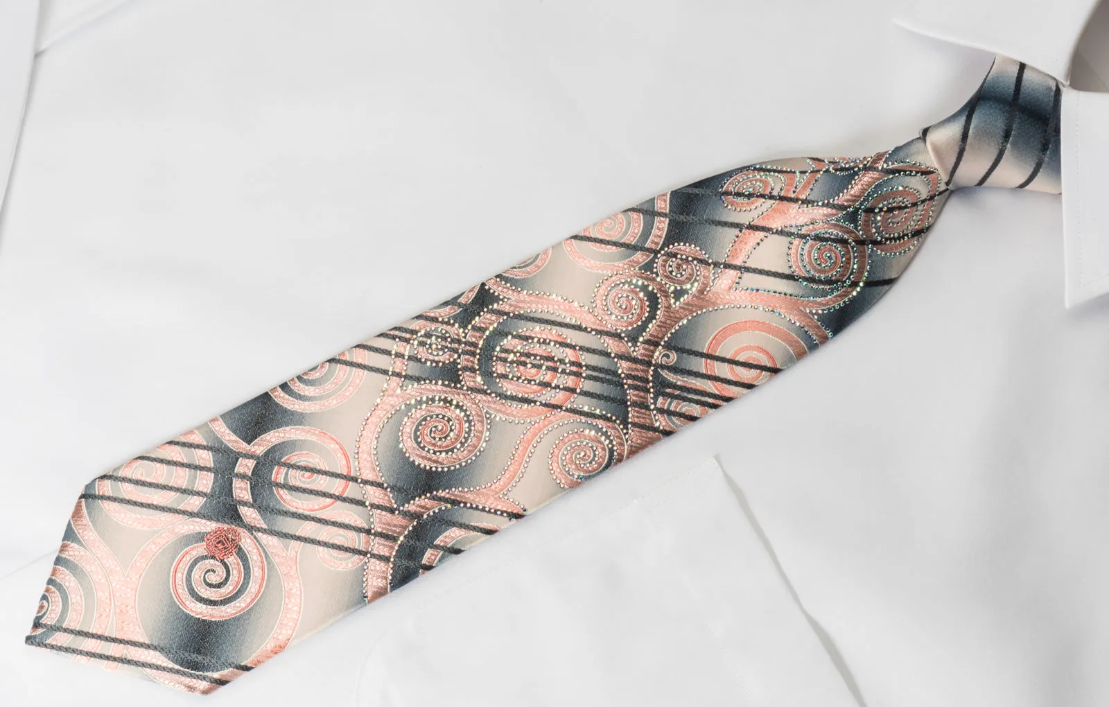 Paco Rabanne Mens Silk Rhinestone Necktie Pink Scrolls On Gray