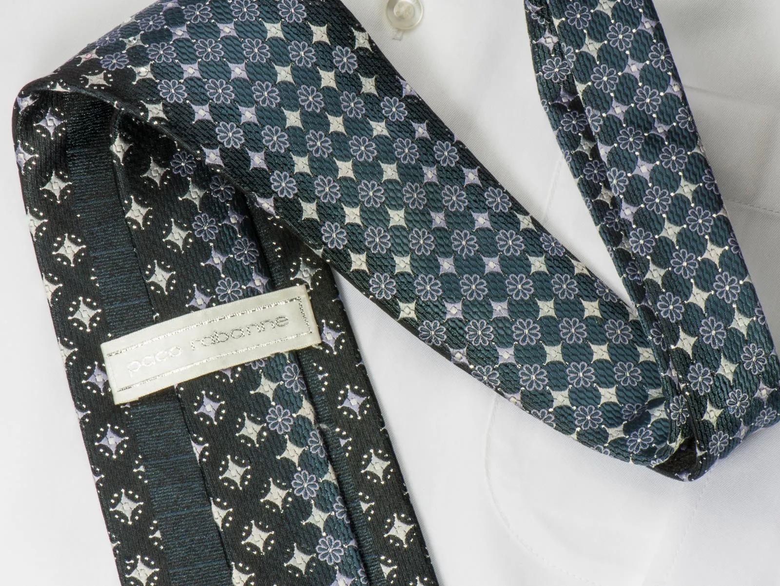 Paco Rabanne Rhinestone Tie Silver Geometric & Foulard Design On Gray With Sparkles