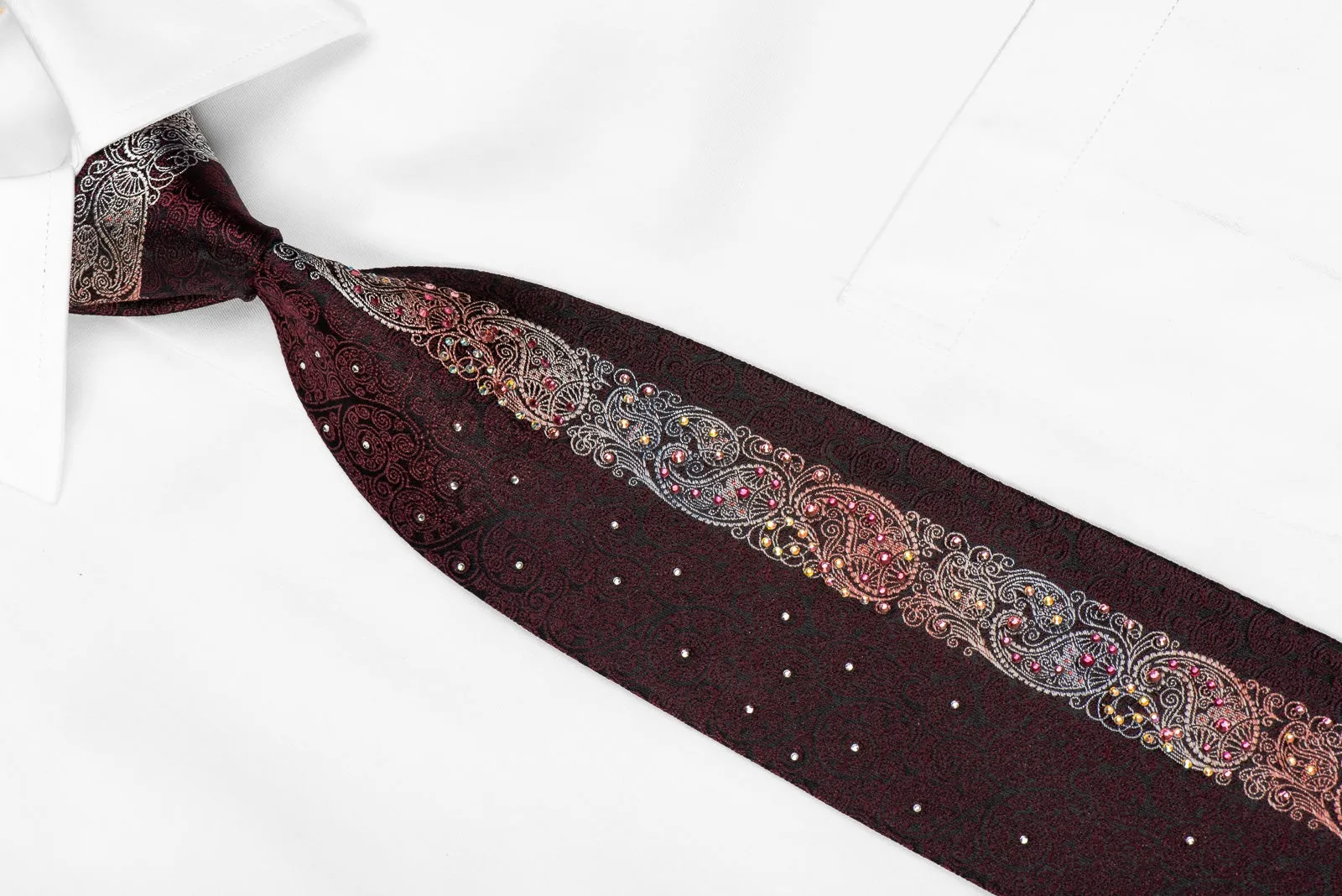 Perry Ellis Men's Crystal Silk Tie Silver Burgundy Paisley On Black With Silver Sparkles