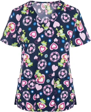 PETYCZEN Womens Scrub Tops Cute Animals Print V Neck Short Sleeve Shirts Stretch Nurse Uniform Medical Scrubs with Pockets
