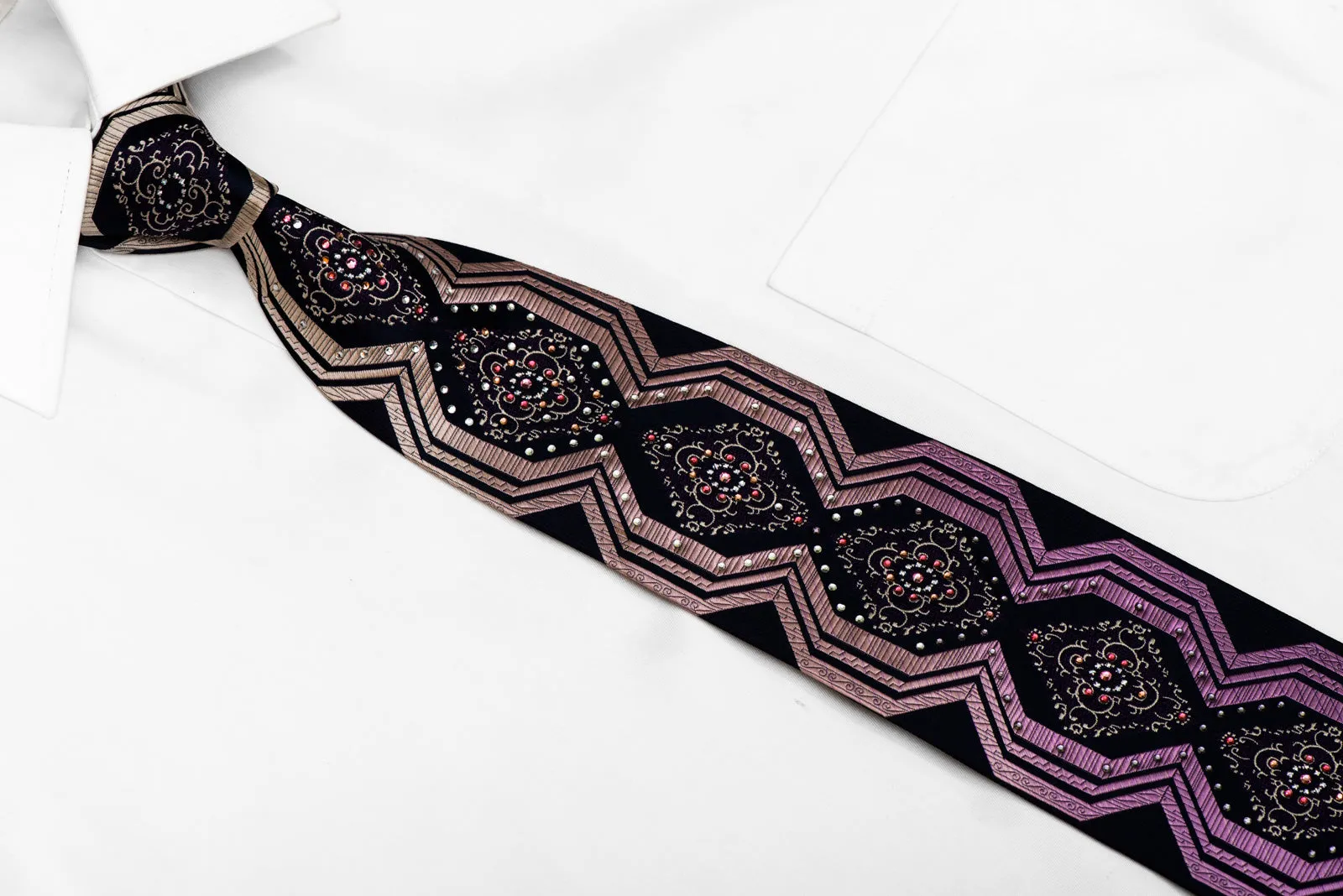 Purple Geometric & Cartouche On Navy Rhinestone Silk Necktie With Silver Sparkles
