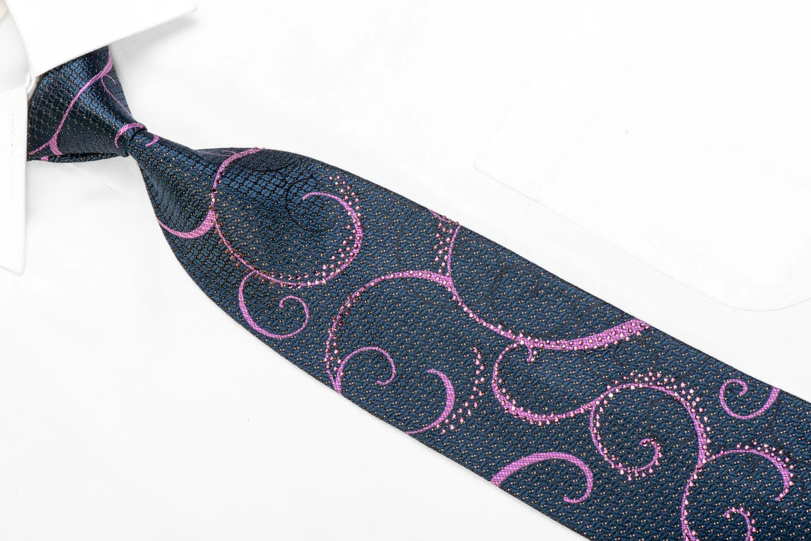 Purple Scrolls On Navy Rhinestone Silk Necktie With Sparkles