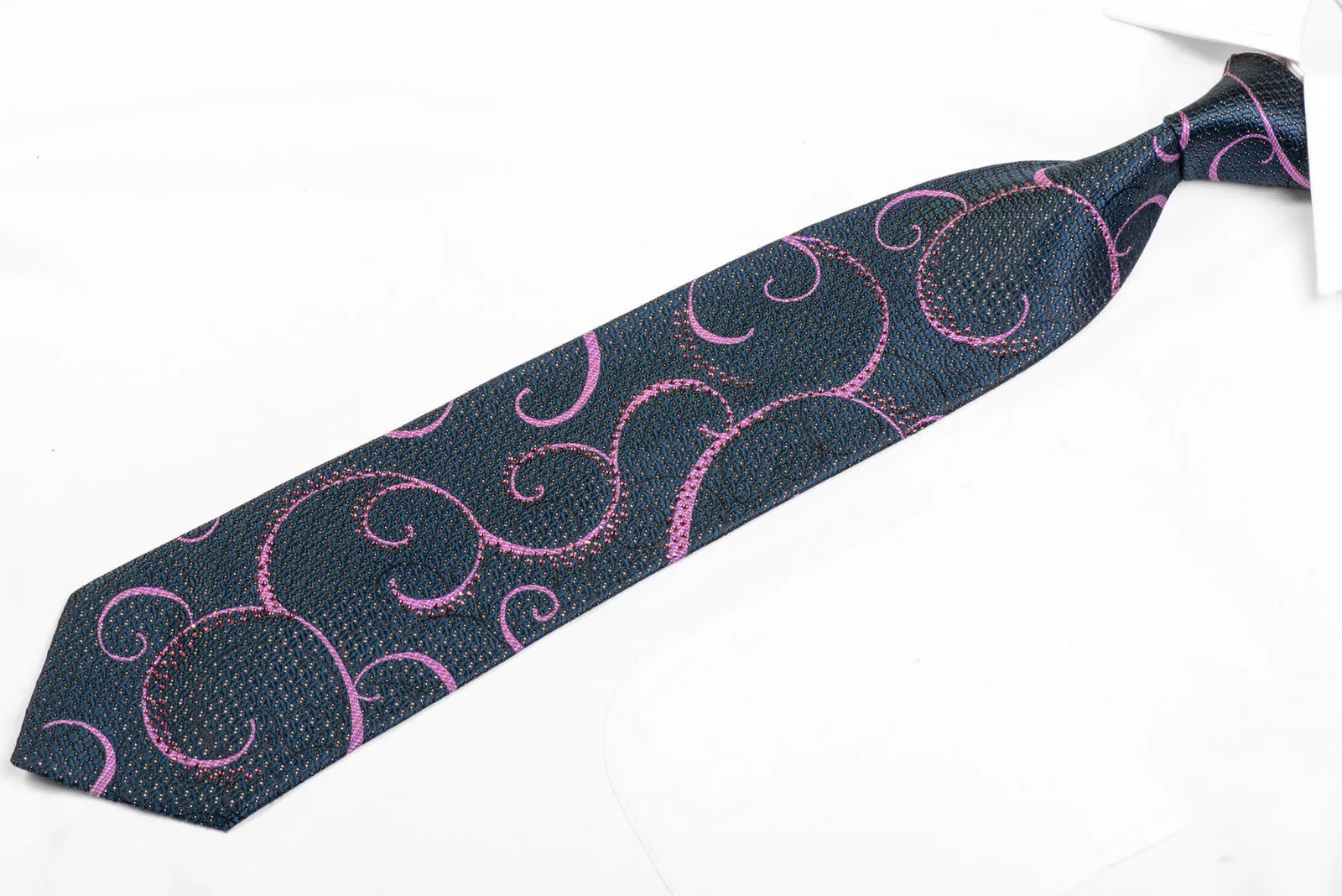 Purple Scrolls On Navy Rhinestone Silk Necktie With Sparkles