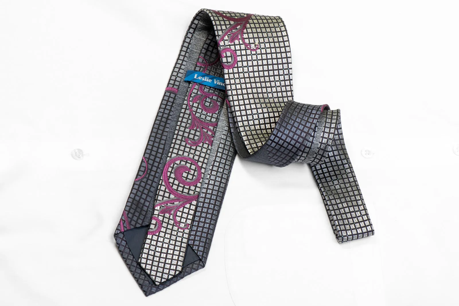 Purple Scrolls On Silver Black Rhinestone Necktie With Sparkles