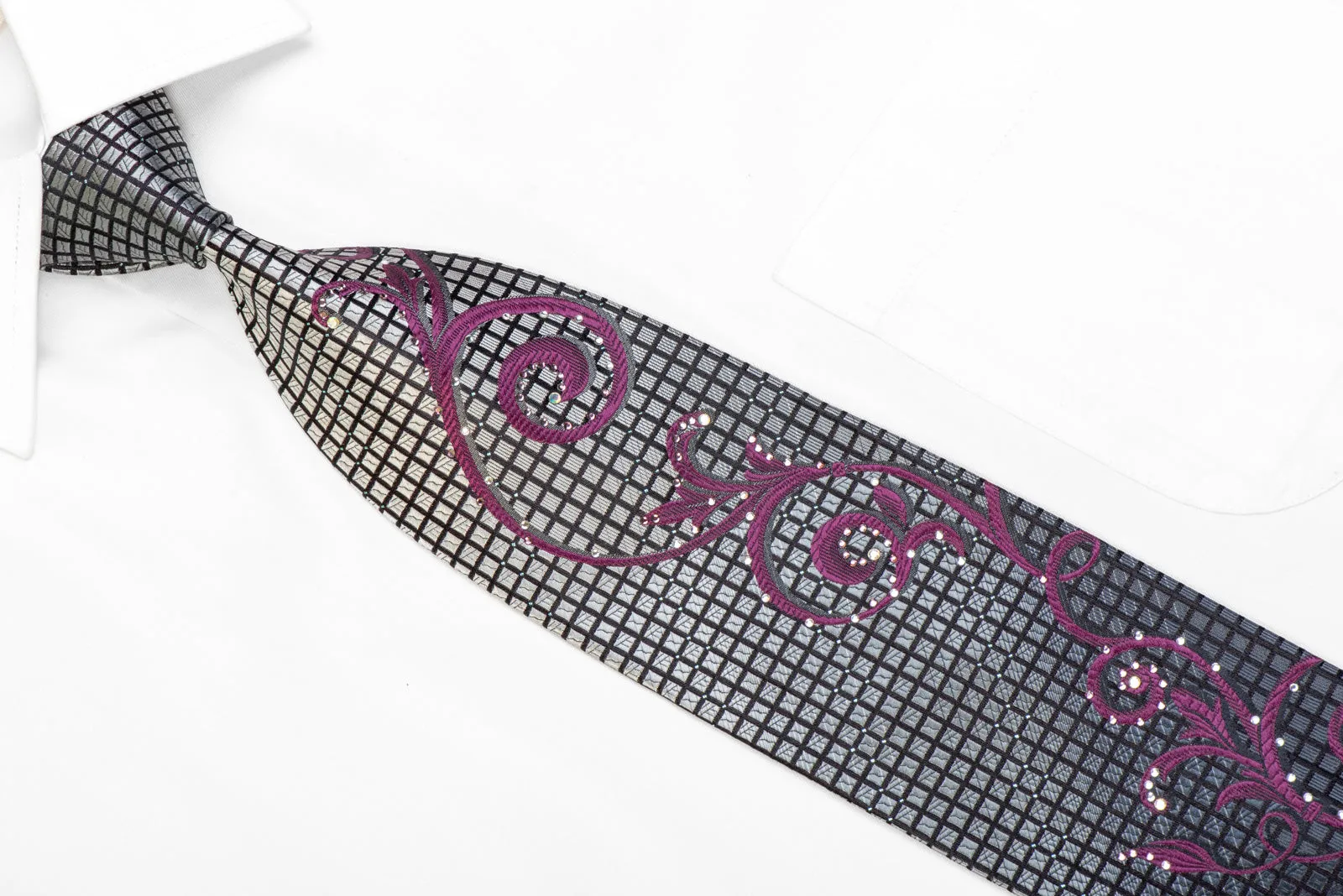 Purple Scrolls On Silver Black Rhinestone Necktie With Sparkles
