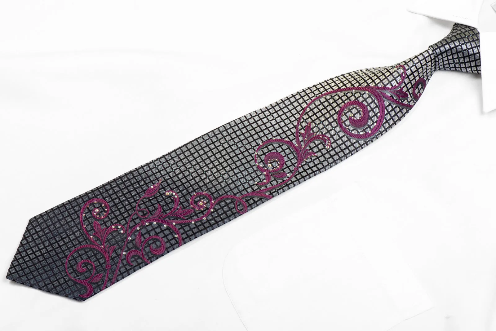 Purple Scrolls On Silver Black Rhinestone Necktie With Sparkles