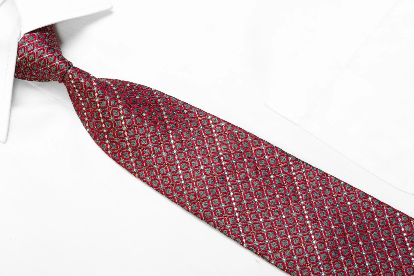 Red Geometric On Silver Silk  Tie With Rhinestones & Sparkles