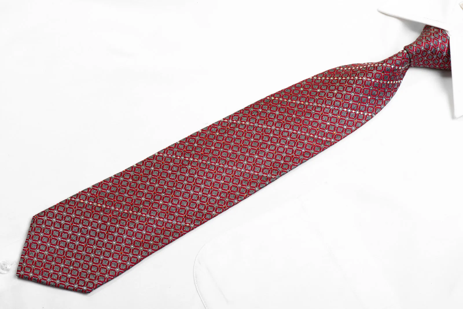 Red Geometric On Silver Silk  Tie With Rhinestones & Sparkles