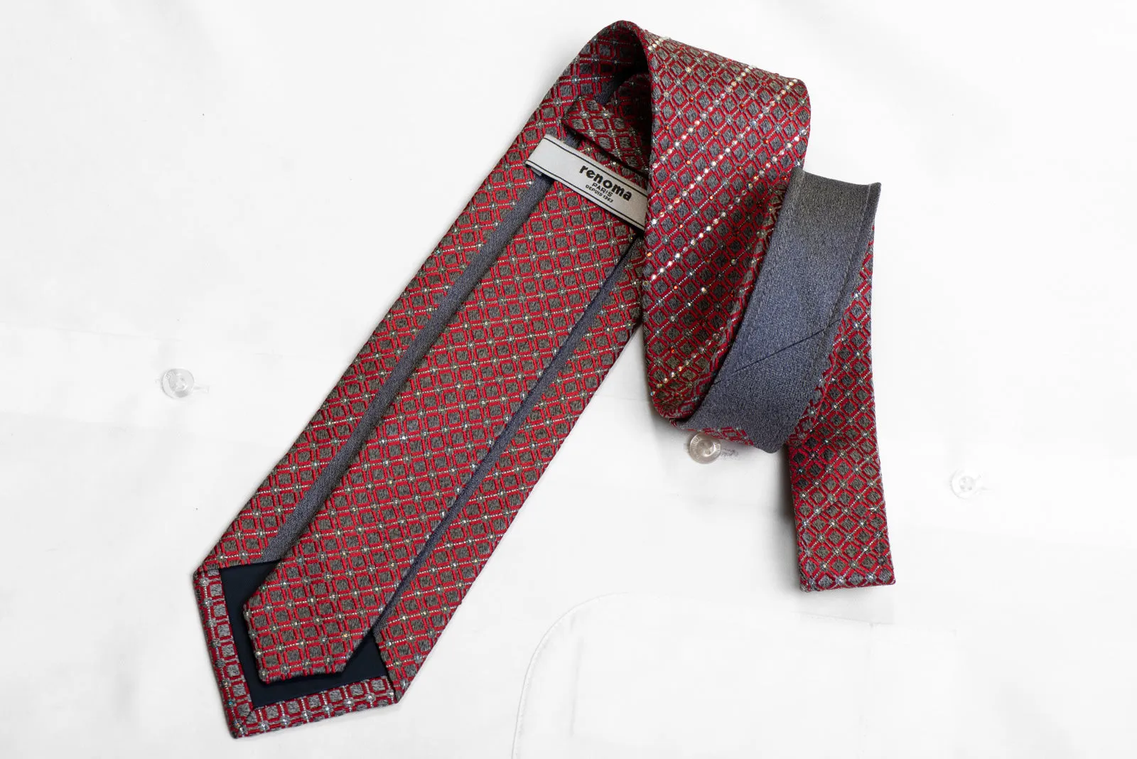 Red Geometric On Silver Silk  Tie With Rhinestones & Sparkles