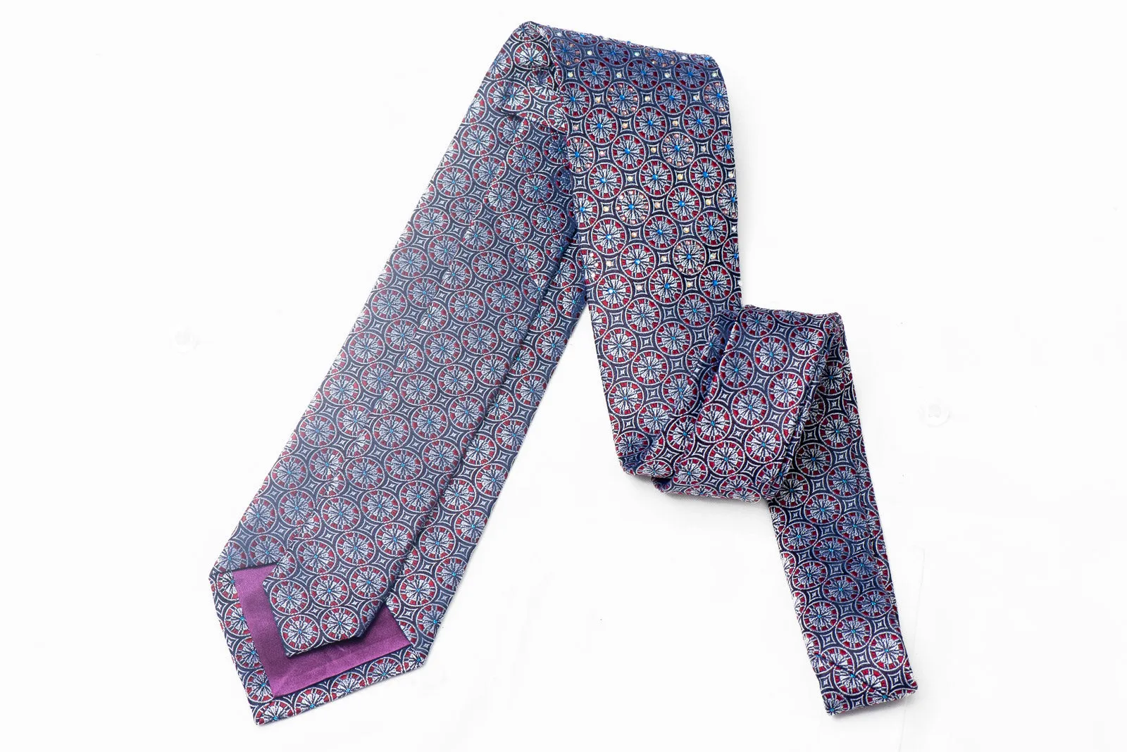 Red Silver Geometric On Navy Rhinestone Silk Necktie