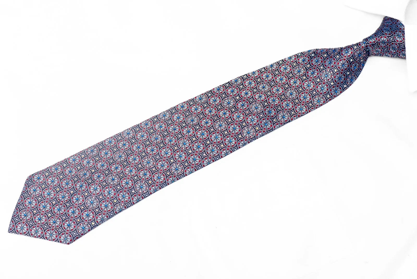 Red Silver Geometric On Navy Rhinestone Silk Necktie