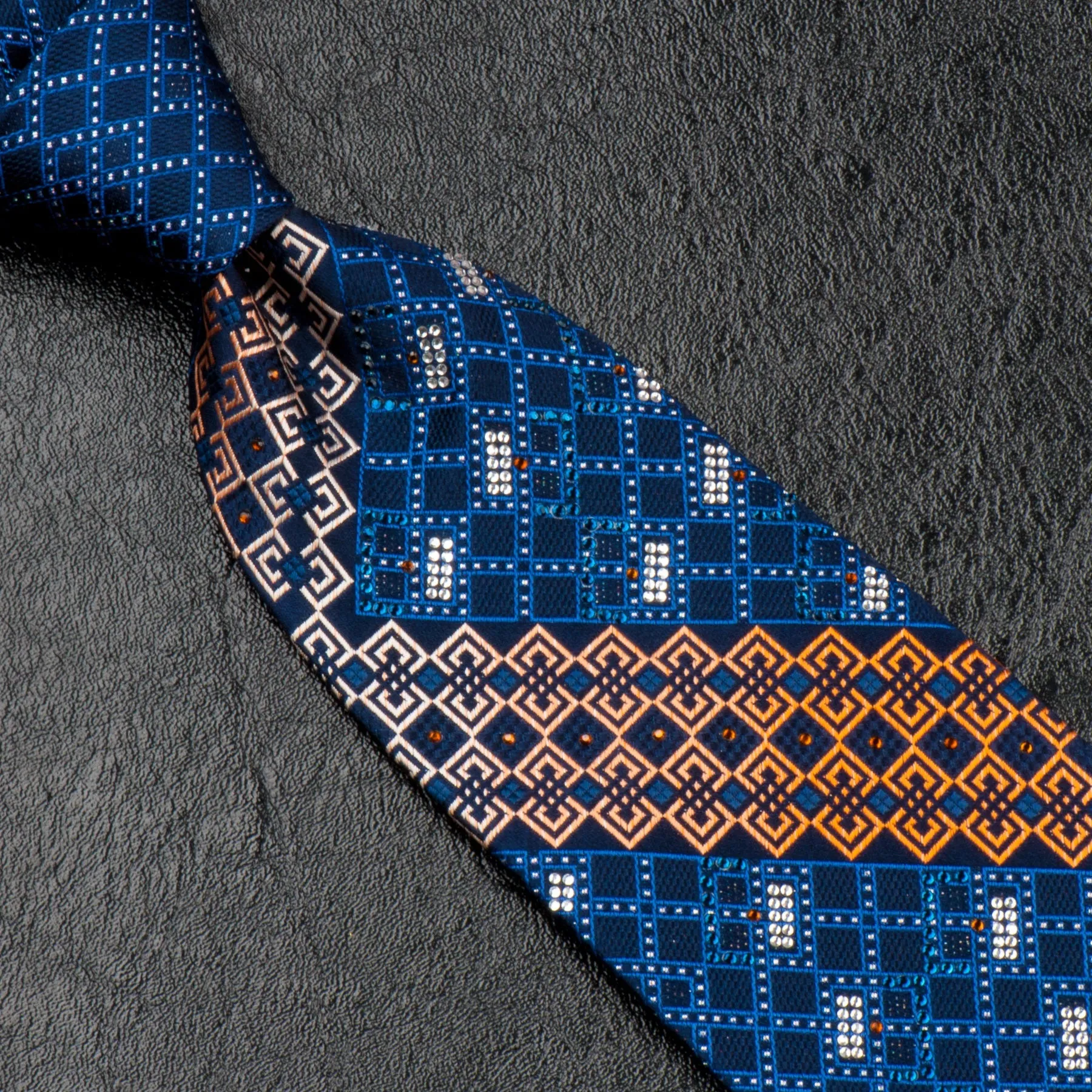 Renoma Silk NeckTie Blue Orange Geometric Design With Rhinestones 3 1/2 Inch