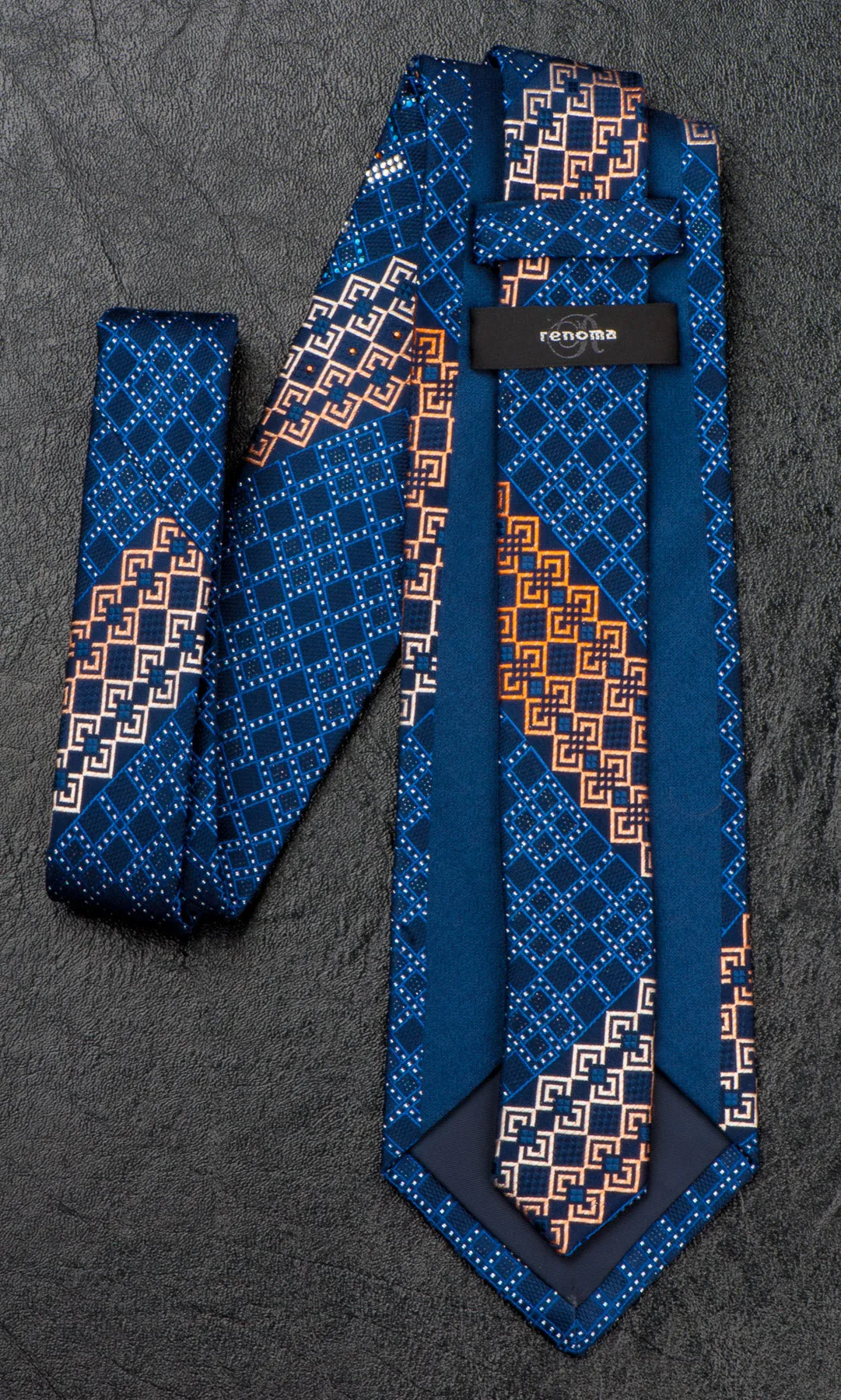 Renoma Silk NeckTie Blue Orange Geometric Design With Rhinestones 3 1/2 Inch