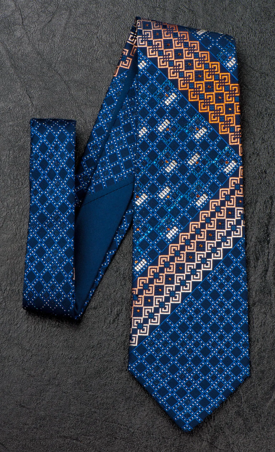 Renoma Silk NeckTie Blue Orange Geometric Design With Rhinestones 3 1/2 Inch
